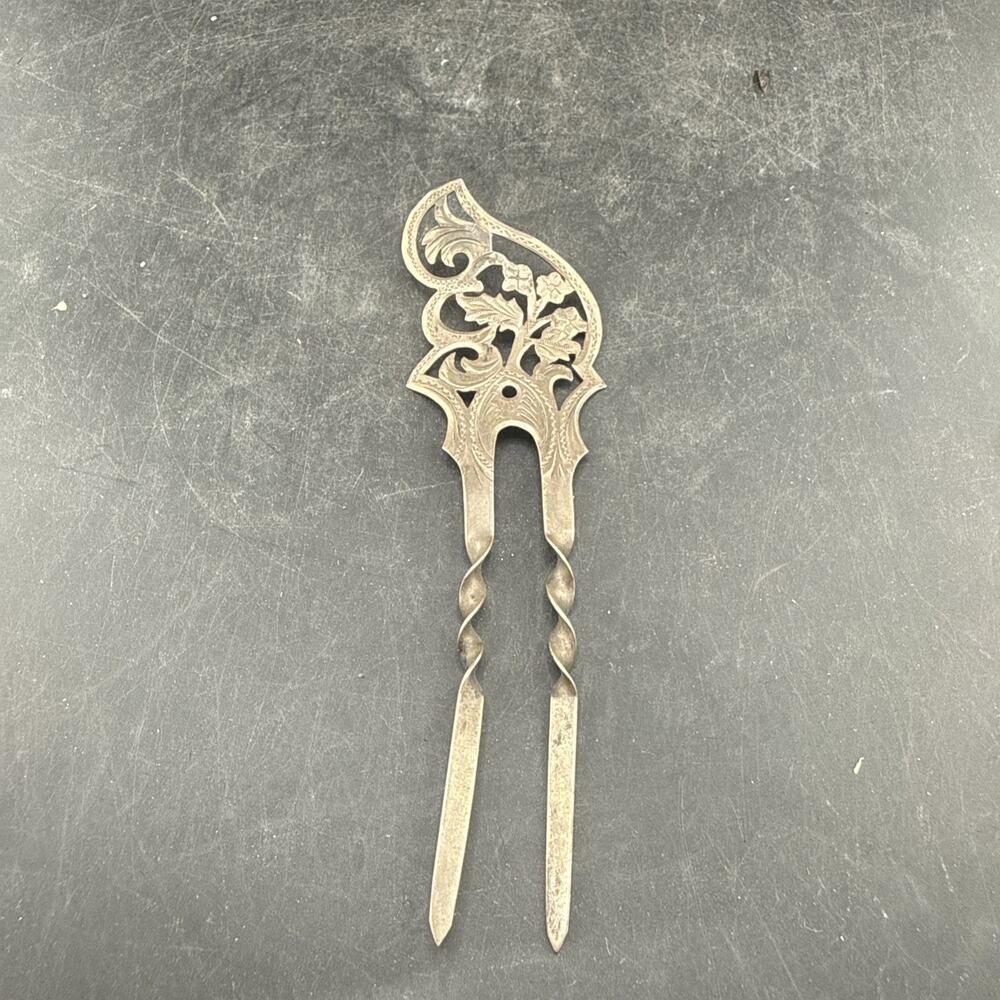 Antique Victorian Sterling Silver Hair Pin Fork Bun Pick Twisted Tines Ornate